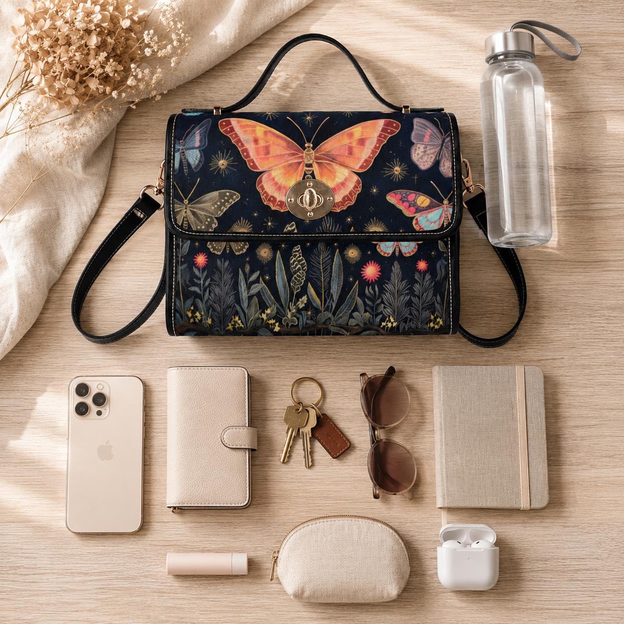 Butterfly Garden Handbag, Botanical Top Handle Purse, Cottagecore Statement Bag