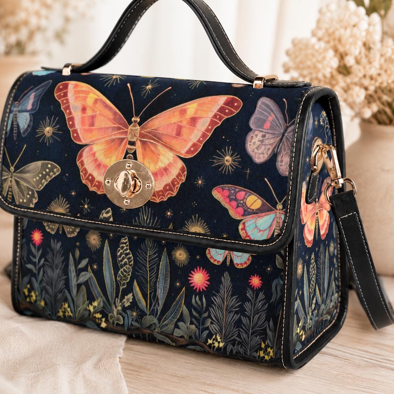 Butterfly Garden Handbag, Botanical Top Handle Purse, Cottagecore Statement Bag