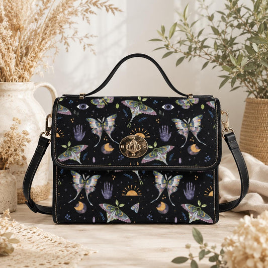 Celestial Moth Handbag, Witchy Top Handle Purse, Butterfly Moon Dark Academia Bag