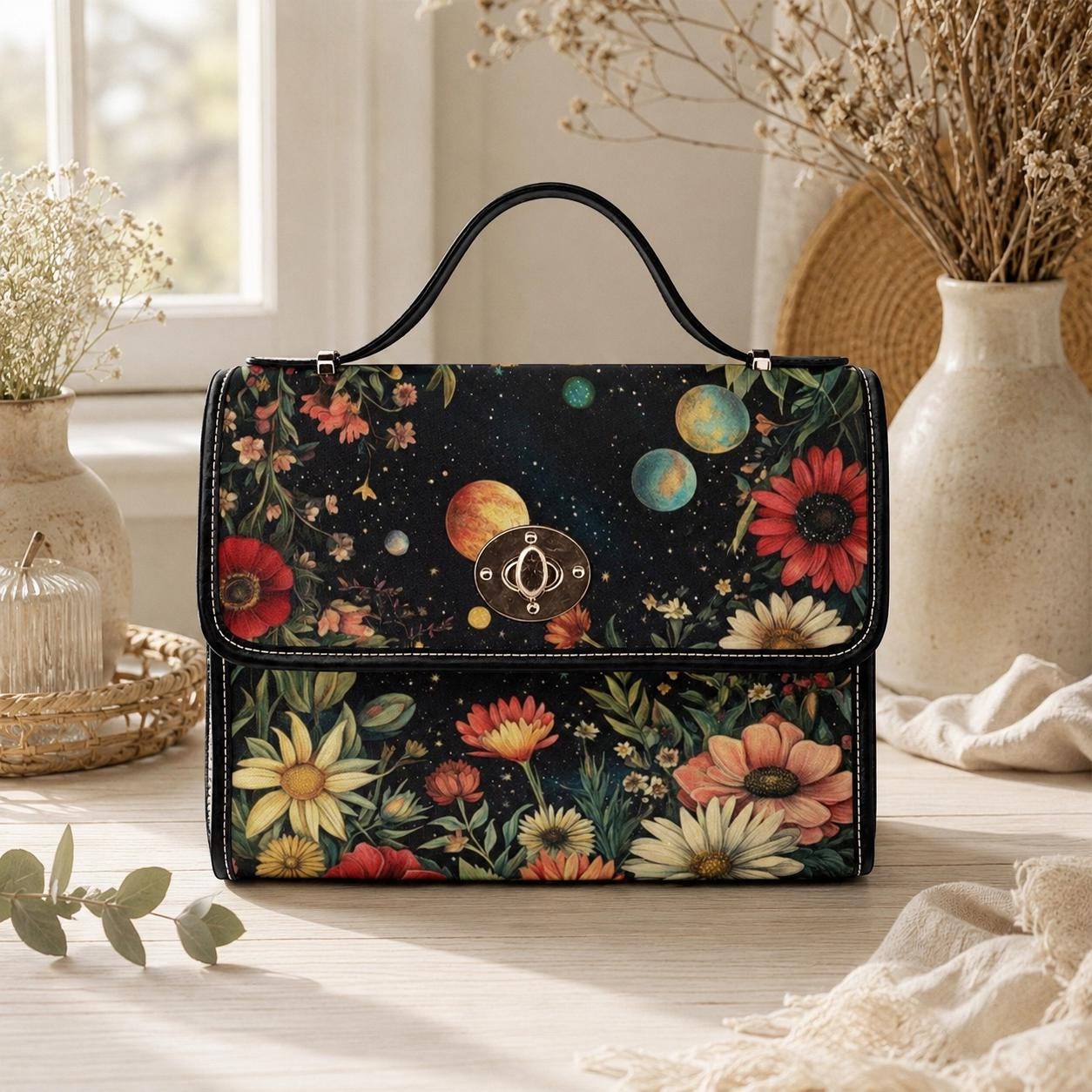Celestial Floral Handbag, Planet Print Top Handle Purse, Boho Astrology Statement Bag