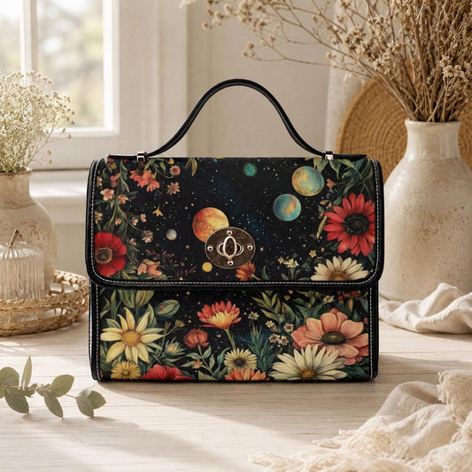 Celestial Floral Handbag, Planet Print Top Handle Purse, Boho Astrology Statement Bag