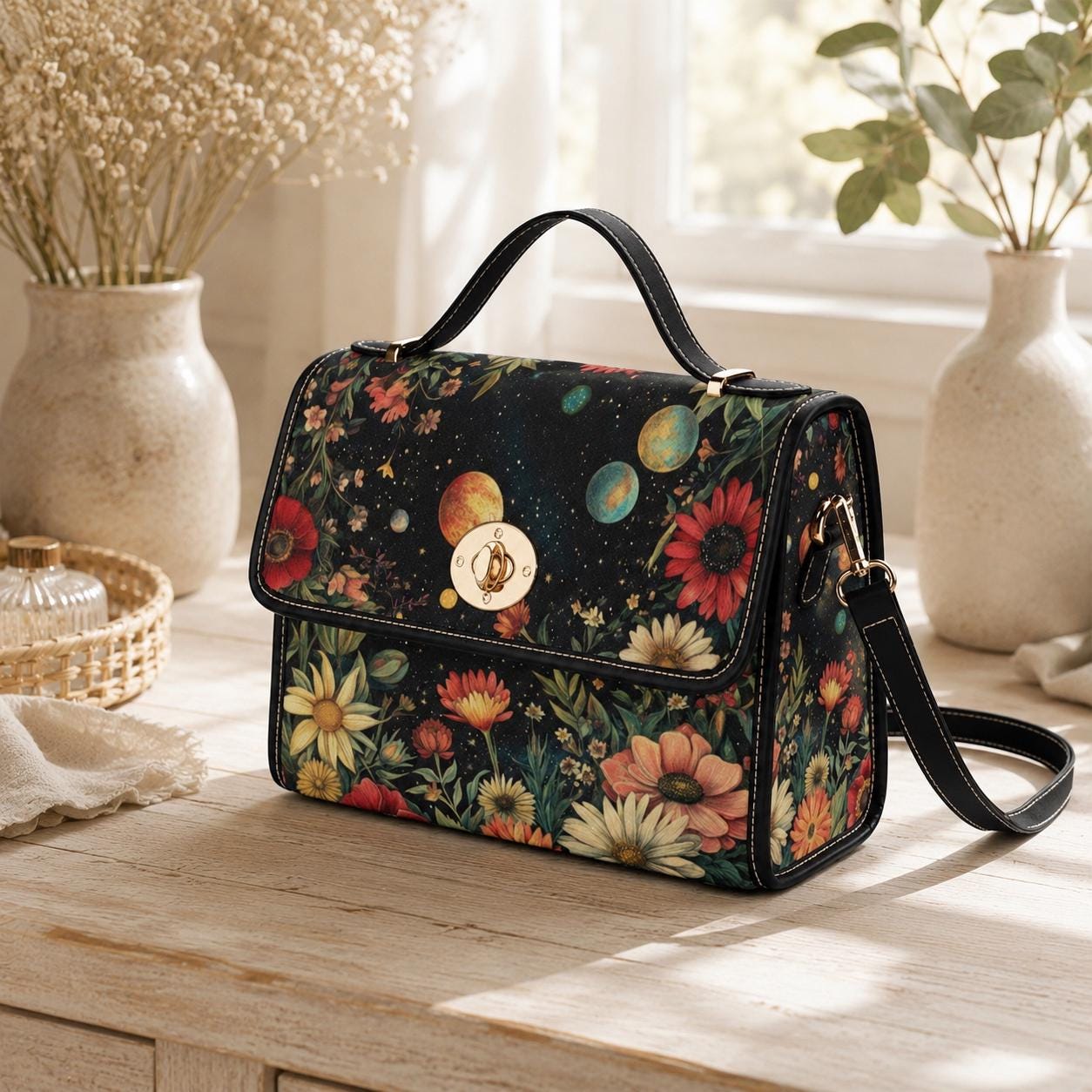 Celestial Floral Handbag, Planet Print Top Handle Purse, Boho Astrology Statement Bag