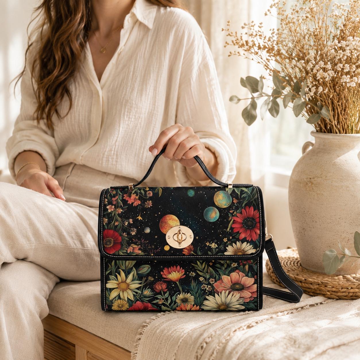 Celestial Floral Handbag, Planet Print Top Handle Purse, Boho Astrology Statement Bag