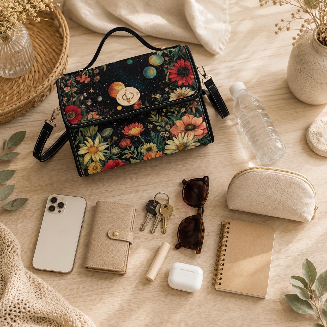 Celestial Floral Handbag, Planet Print Top Handle Purse, Boho Astrology Statement Bag