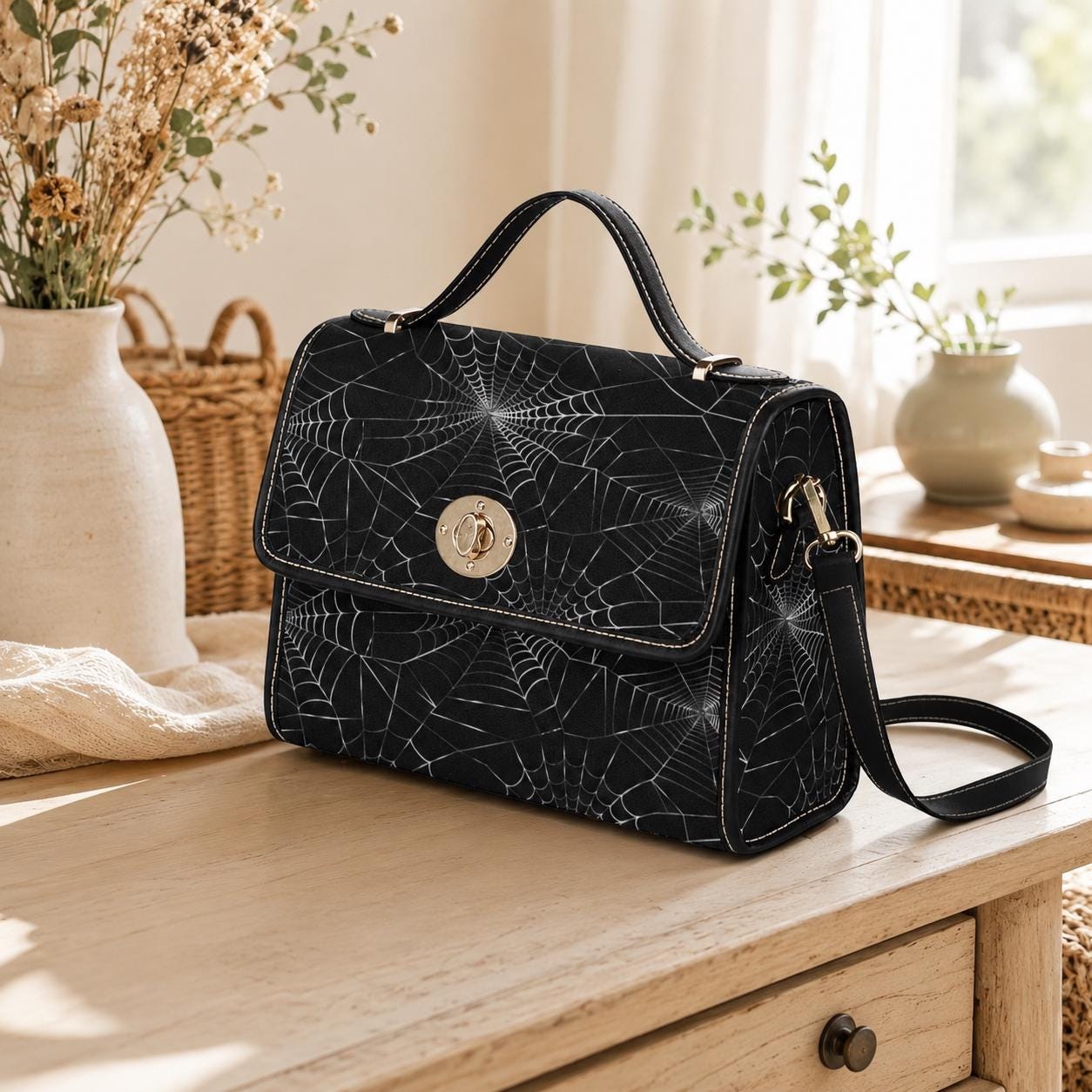 Spiderweb Canvas Satchel Vegan Leather Goth Crossbody Bag Halloween Spooky Bat Purse