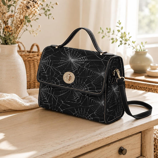 Spiderweb Canvas Satchel Vegan Leather Goth Crossbody Bag Halloween Spooky Bat Purse