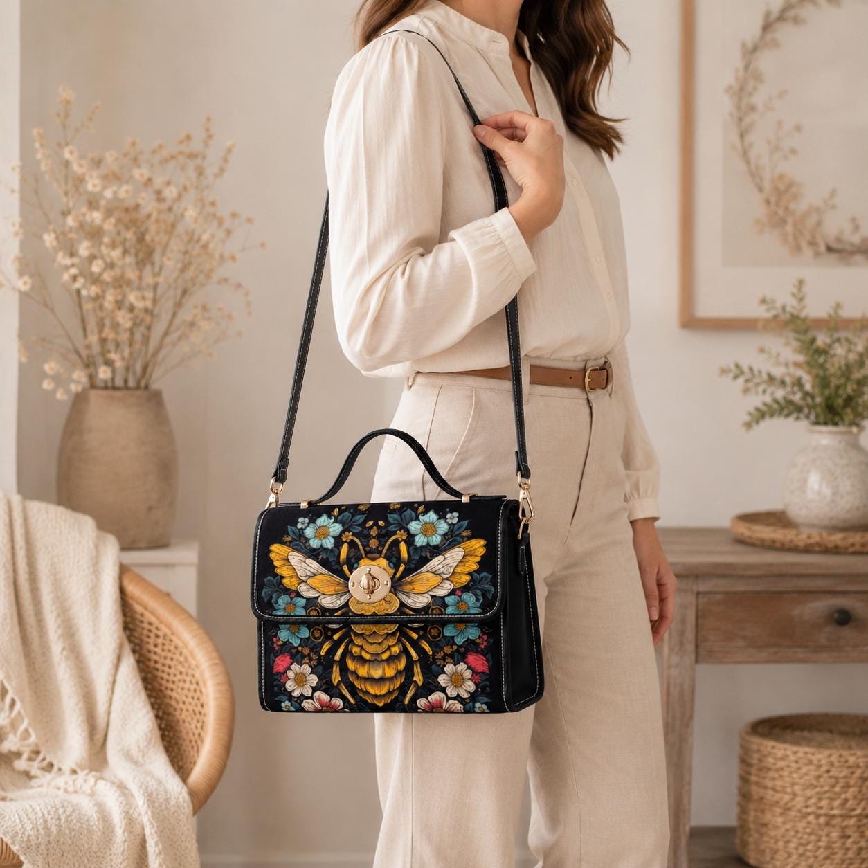 Bee floral handbag, top handle purse, dark botanical bag, cottagecore statement accessory