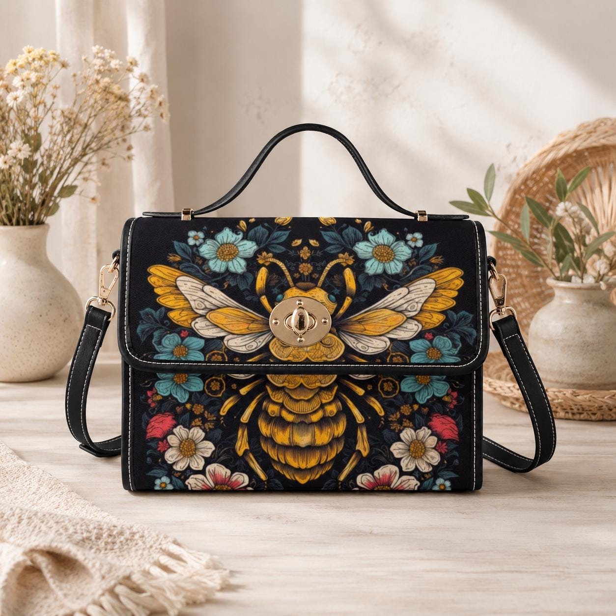 Bee floral handbag, top handle purse, dark botanical bag, cottagecore statement accessory