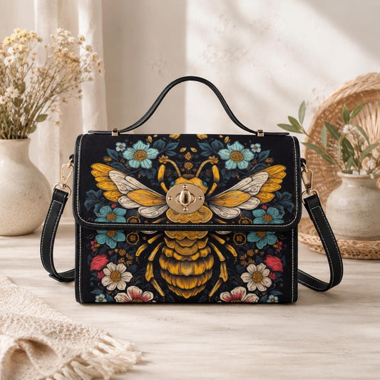 Bee floral handbag, top handle purse, dark botanical bag, cottagecore statement accessory