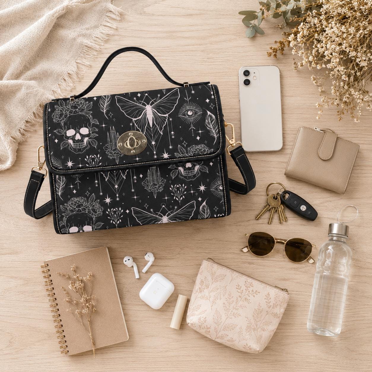 Goth Butterfly Satchel Bag, Celestial Skull Crossbody Purse, Witchy Top Handle Handbag