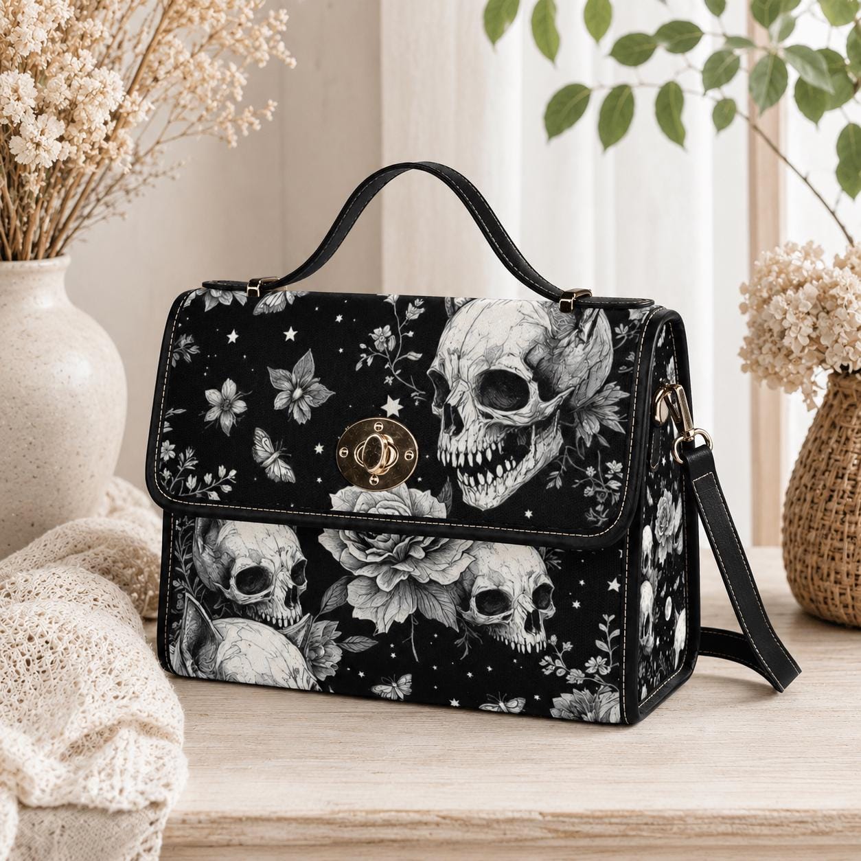 Dark Gothic Skull Bag, Floral Skeleton Crossbody, Spooky Witch Shoulder Tote,Skull Print Accessories,Occult Fashion Handbag,Witchy Gift Idea