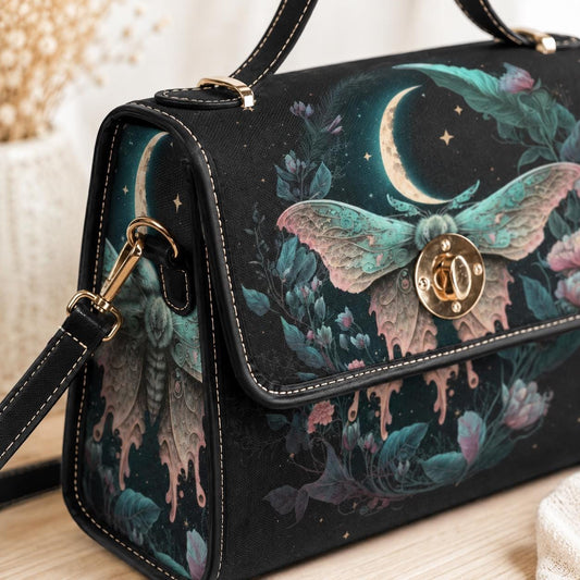 Moon moth handbag, dark floral top handle purse, celestial evening bag
