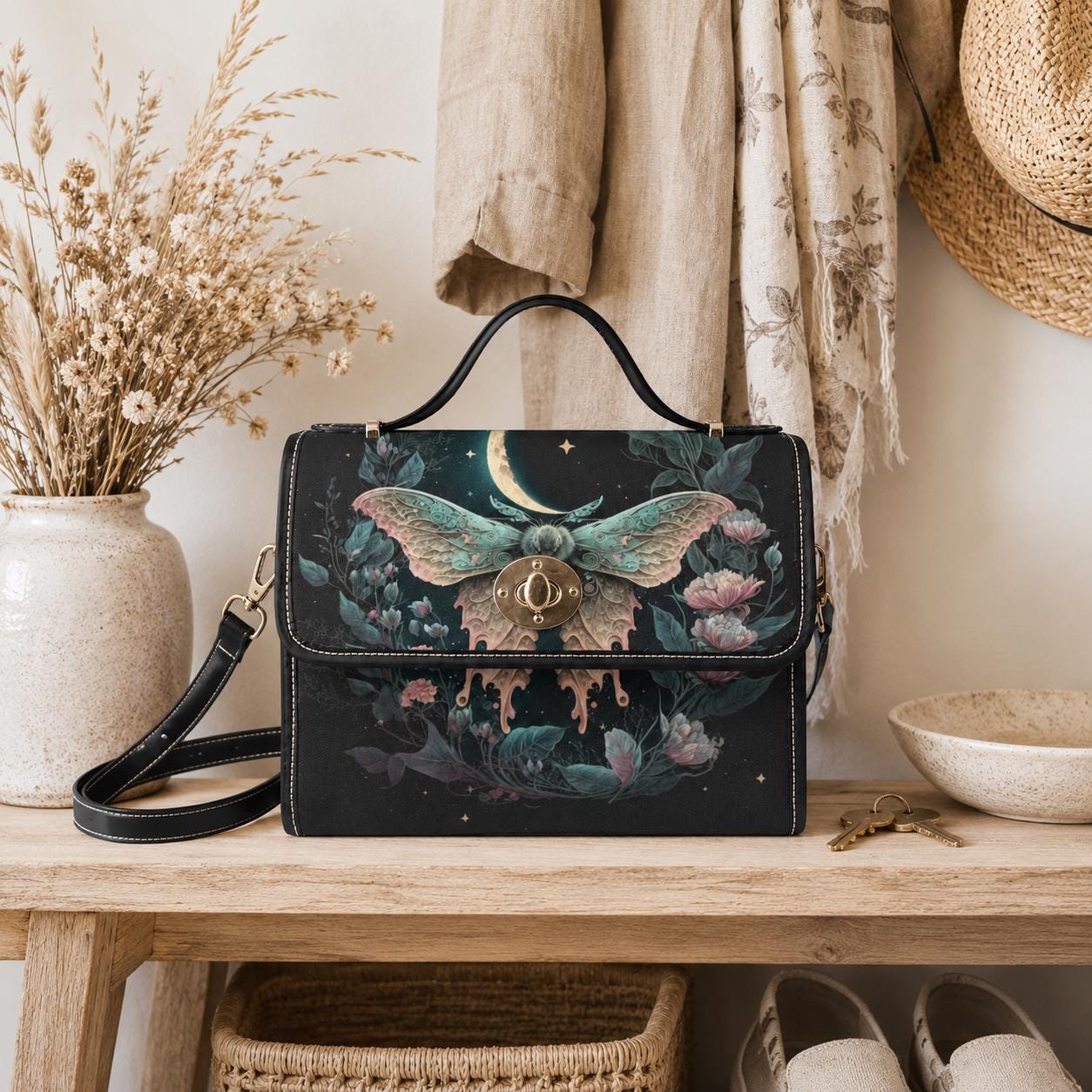 Moon moth handbag, dark floral top handle purse, celestial evening bag