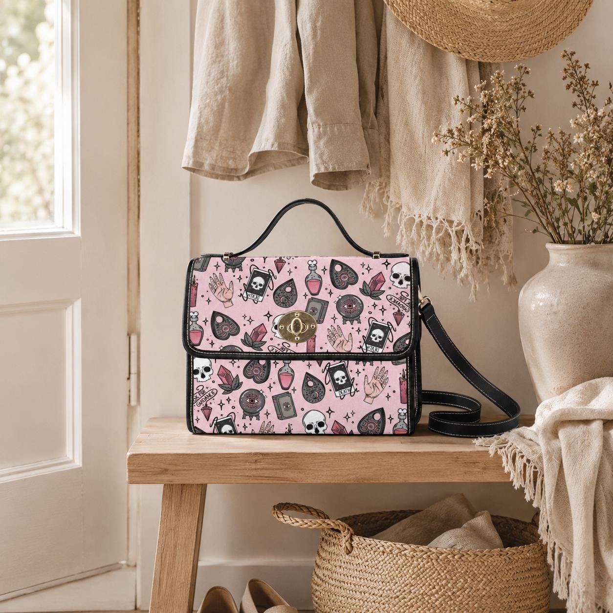 Pink witch purse, spooky pastel handbag, structured kawaii satchel, pink occult crossbody bag, witchcore goth girl purse, cute aesthetic bag