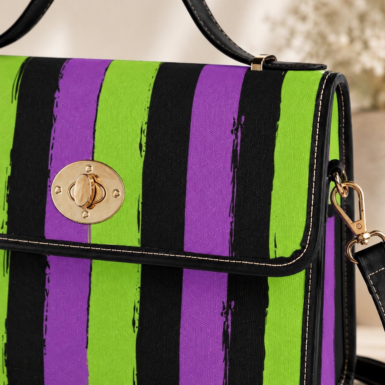 Halloween satchel purse, purple green striped handbag, gothic top handle bag
