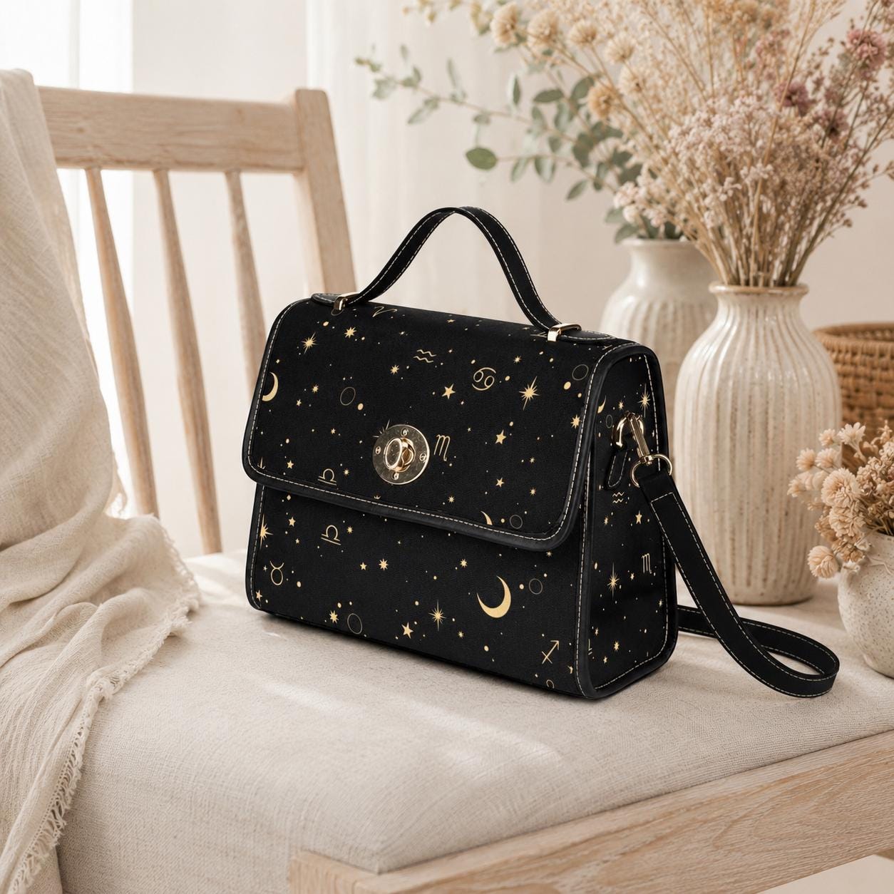 Zodiac Constellation Purse – Gold Astrology Symbols & Stars Pattern