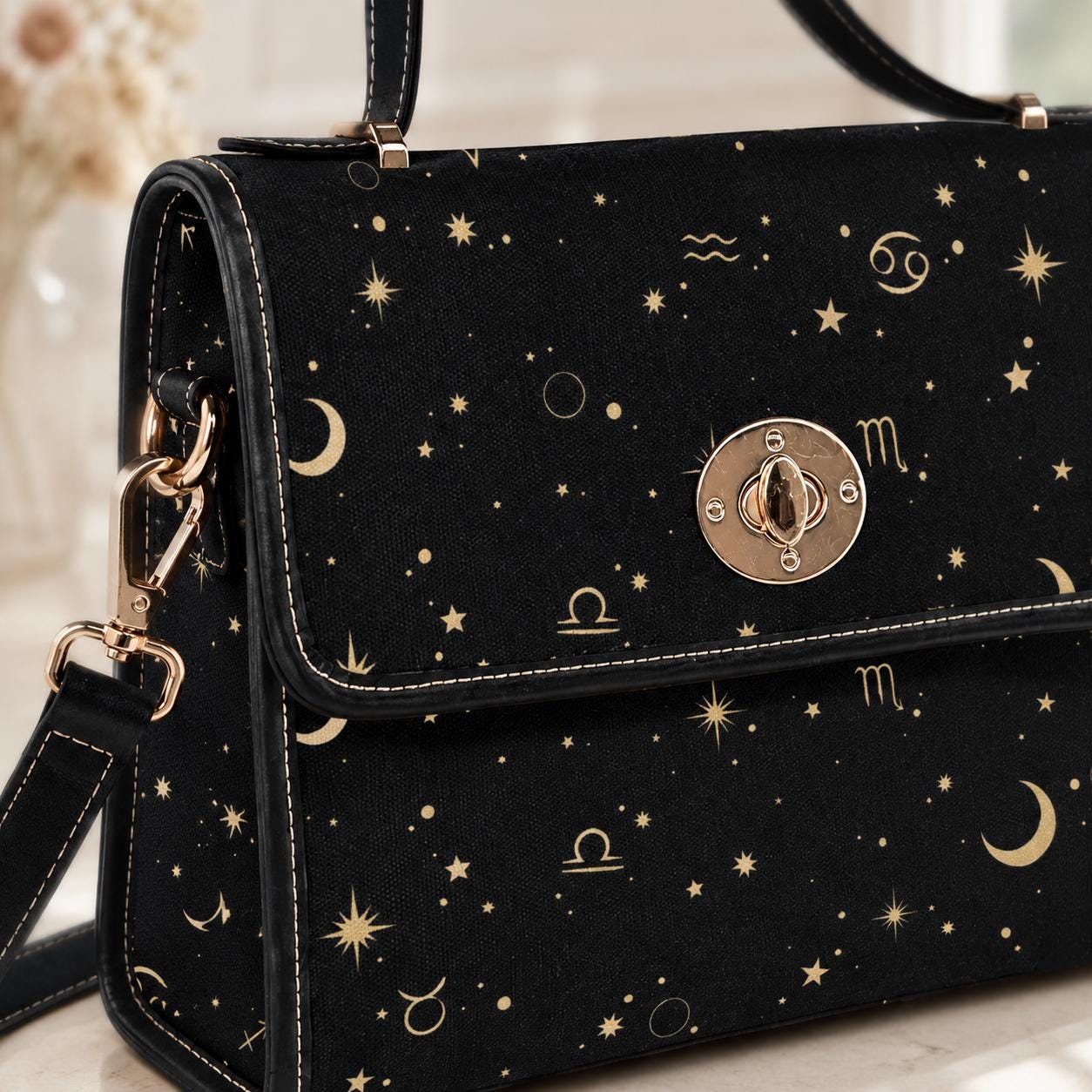 Zodiac Constellation Purse – Gold Astrology Symbols & Stars Pattern