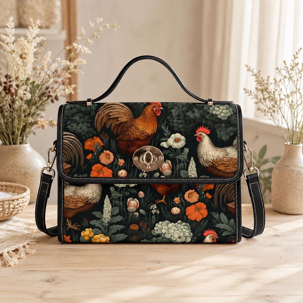 Rooster & Hen Garden Handbag – Rustic Countryside Farmhouse bag