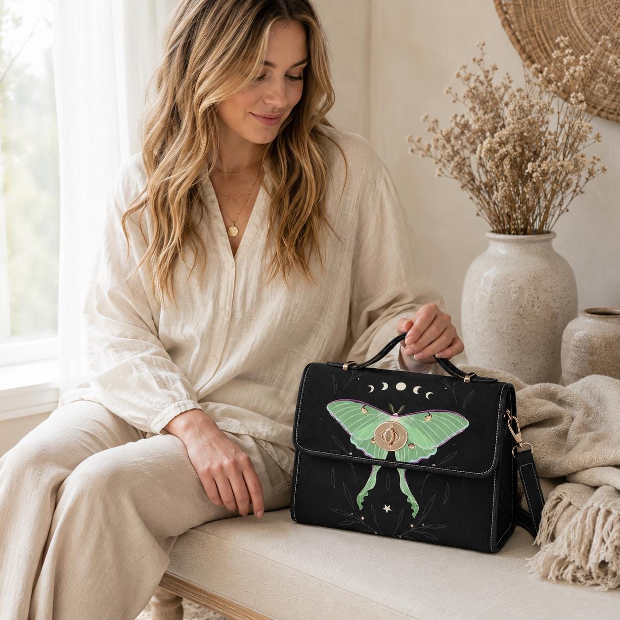 Luna Moth Bag, Mint Green Crossbody, Moon Phase Purse, Celestial Insect Print, Goth Moth Style, Forest Witch Gift, Mystical Bug Accessory