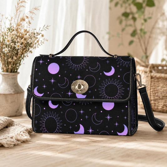Purple Celestial Moon Star Crossbody Bag, Cosmic Night Shoulder Purse, Witchcore Galaxy Style