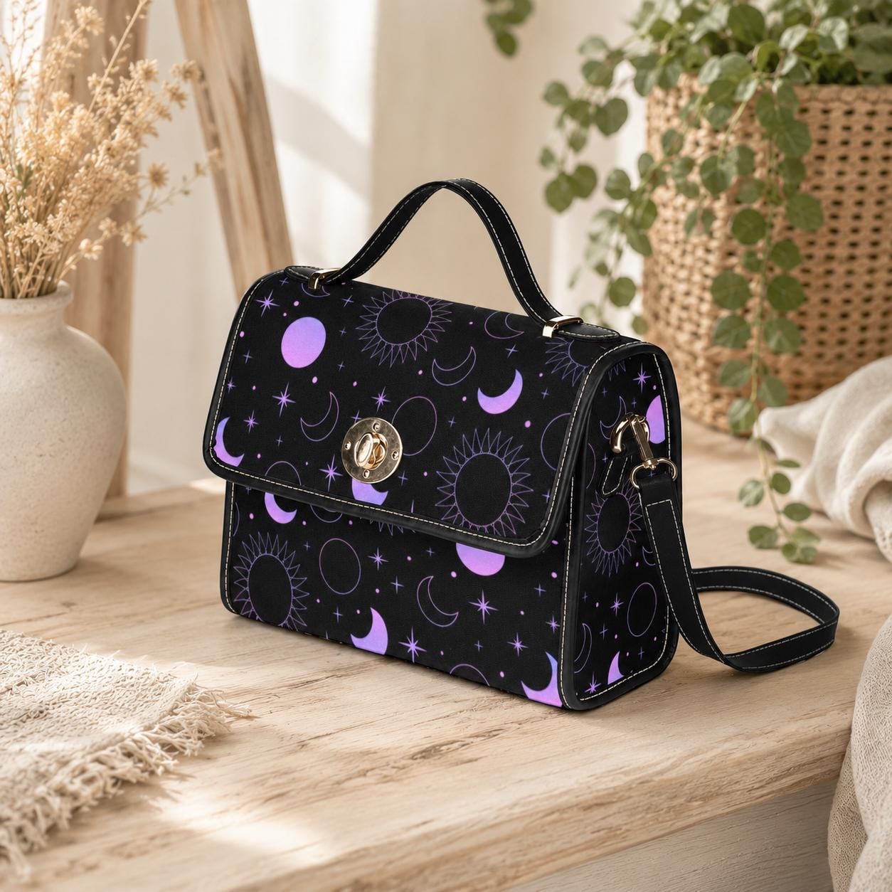 Purple Celestial Moon Star Crossbody Bag, Cosmic Night Shoulder Purse, Witchcore Galaxy Style