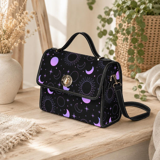 Purple Celestial Moon Star Crossbody Bag, Cosmic Night Shoulder Purse, Witchcore Galaxy Style