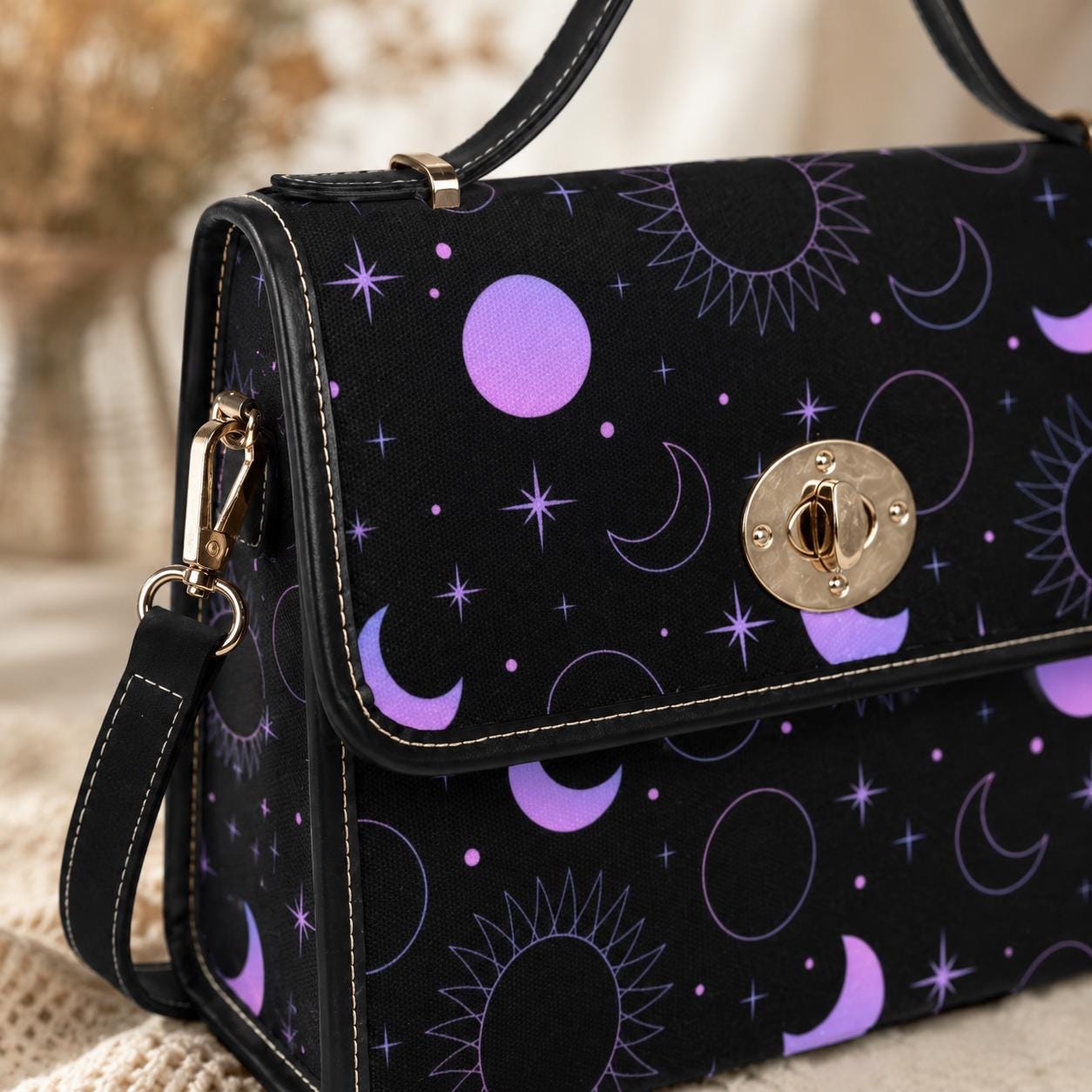 Purple Celestial Moon Star Crossbody Bag, Cosmic Night Shoulder Purse, Witchcore Galaxy Style