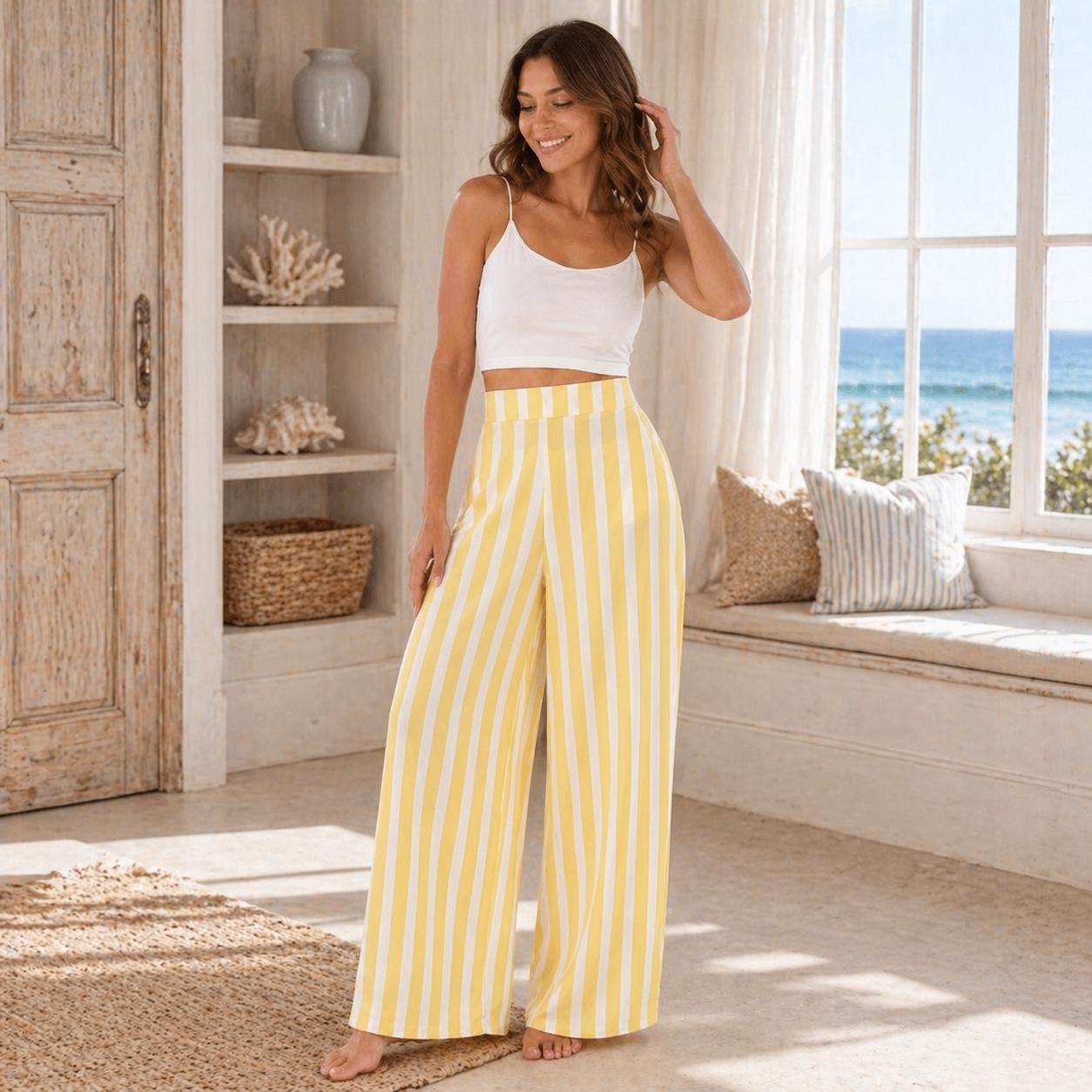 Yellow Stripe Wide Leg Pants, High Waist Resort Trousers, Coastal Summer Lounge Wear