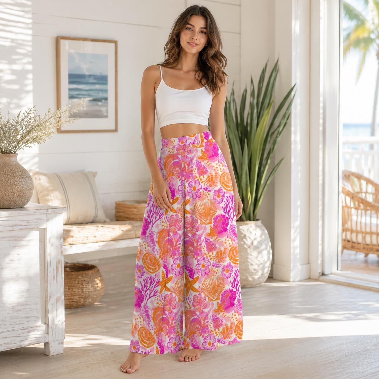 Shell Print Wide Leg Pants, Tropical Coral Starfish Resort Wear