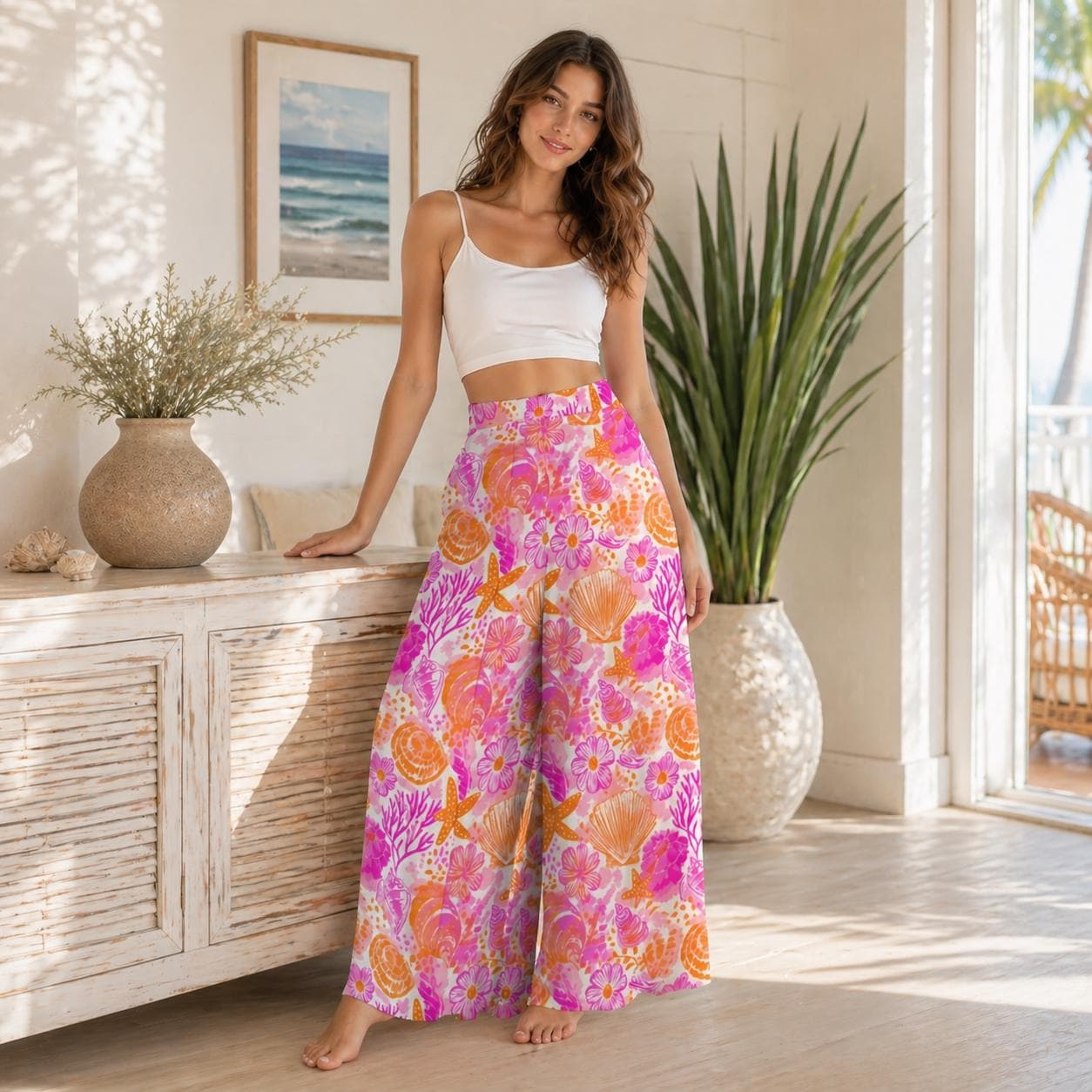 Shell Print Wide Leg Pants, Tropical Coral Starfish Resort Wear