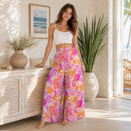 Shell Print Wide Leg Pants, Tropical Coral Starfish Resort Wear