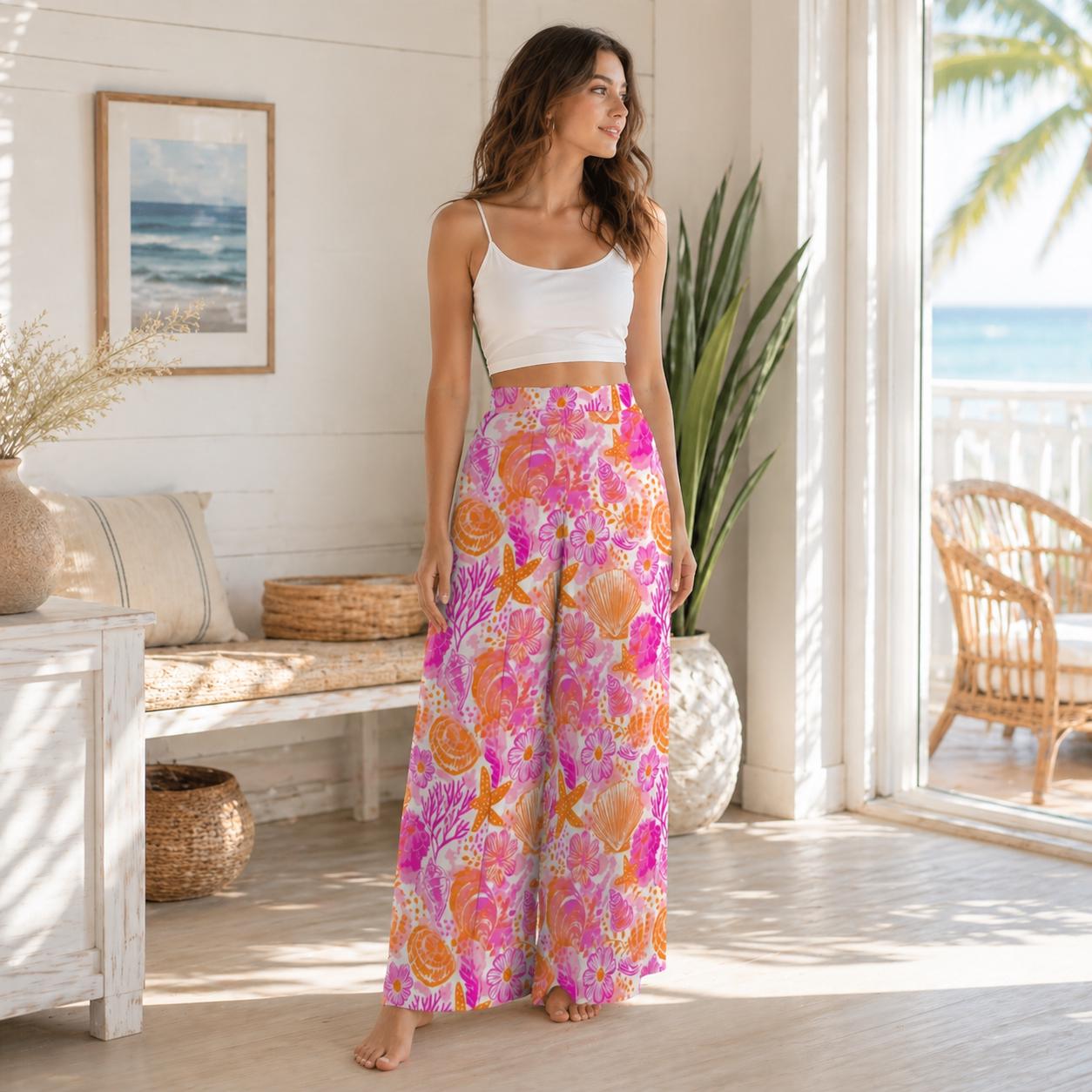 Shell Print Wide Leg Pants, Tropical Coral Starfish Resort Wear