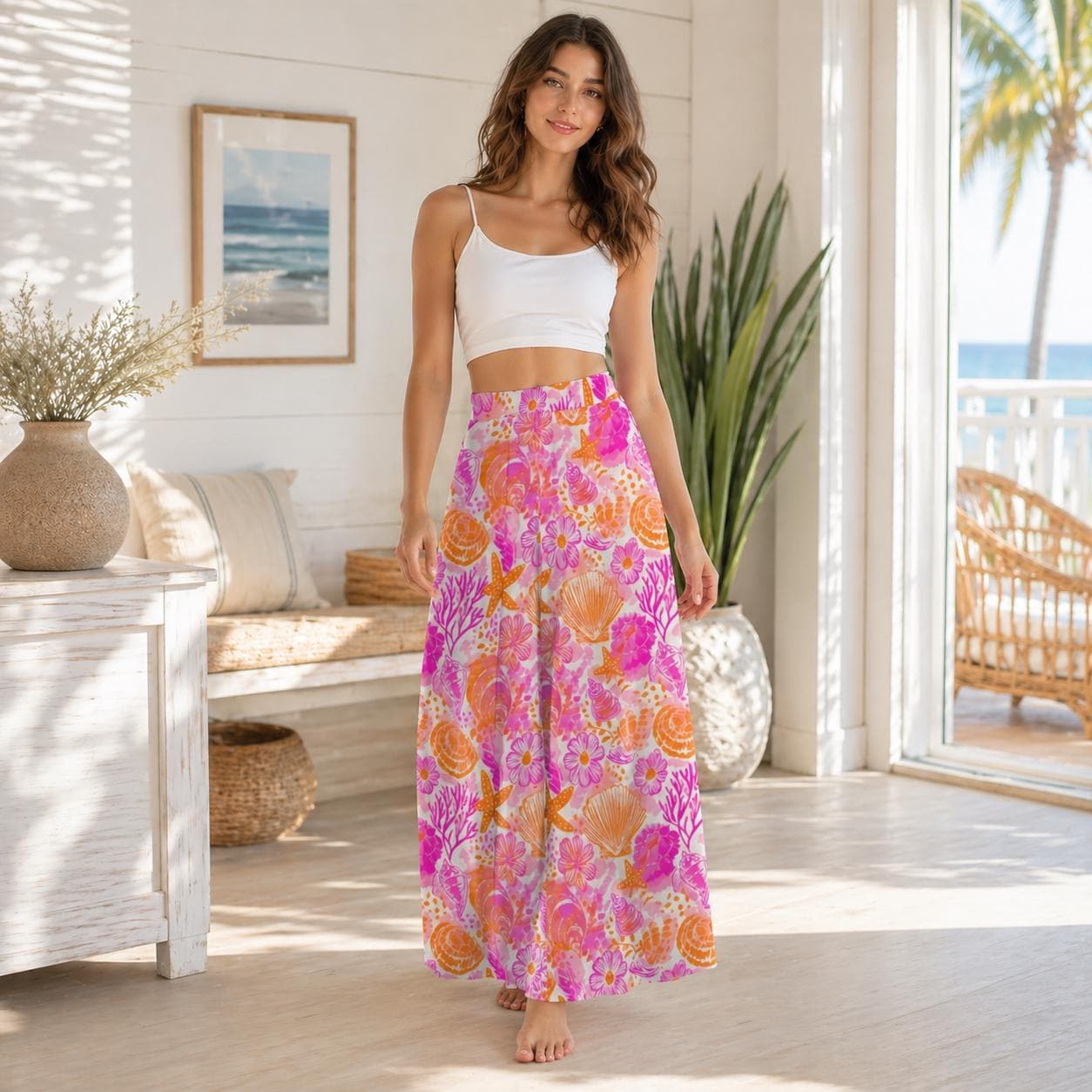 Shell Print Wide Leg Pants, Tropical Coral Starfish Resort Wear