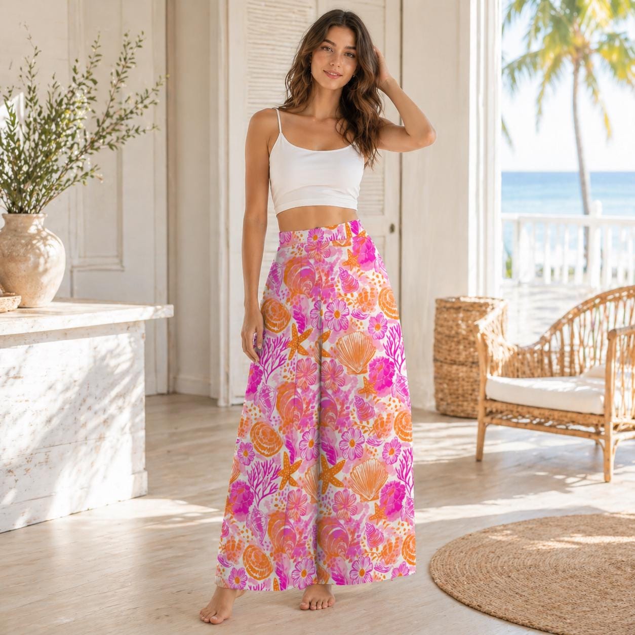 Shell Print Wide Leg Pants, Tropical Coral Starfish Resort Wear