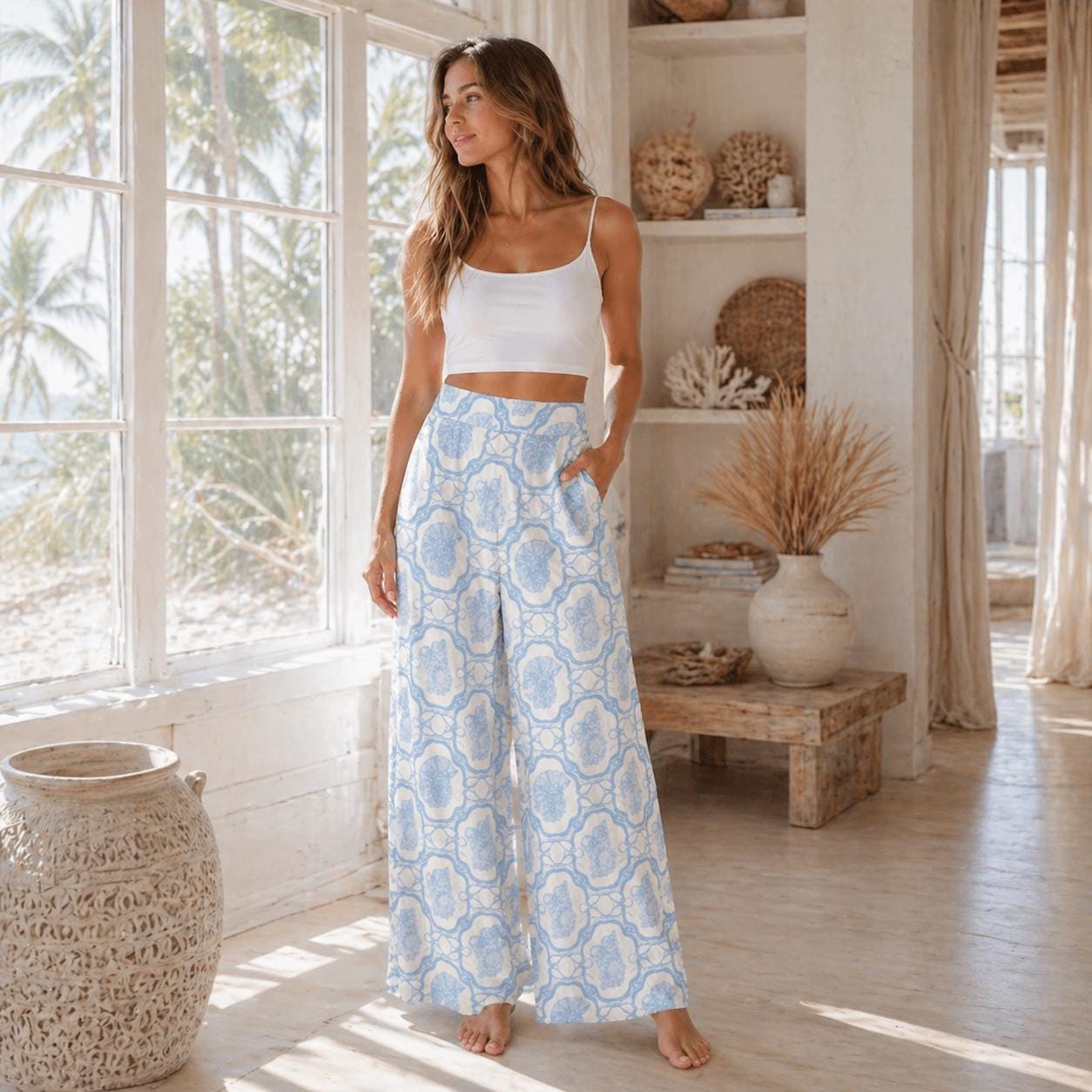 Blue Porcelain Print Wide Leg Pants, Flowy Seaside Resort Trousers
