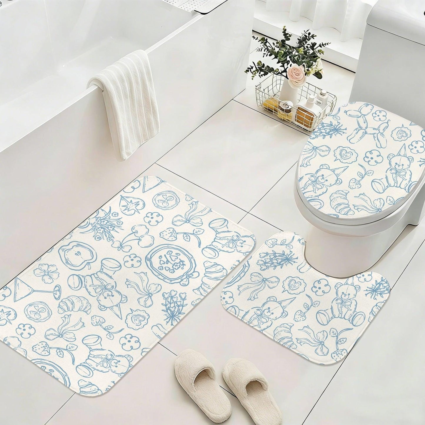 Blue Doodle Shower Curtain, Whimsical Line Art, Cottagecore Bath Decor