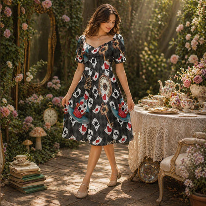Alice in Wonderland Mini Dress, Playing Card Print Puff Sleeve Fantasy Costume, Queen of Hearts Style