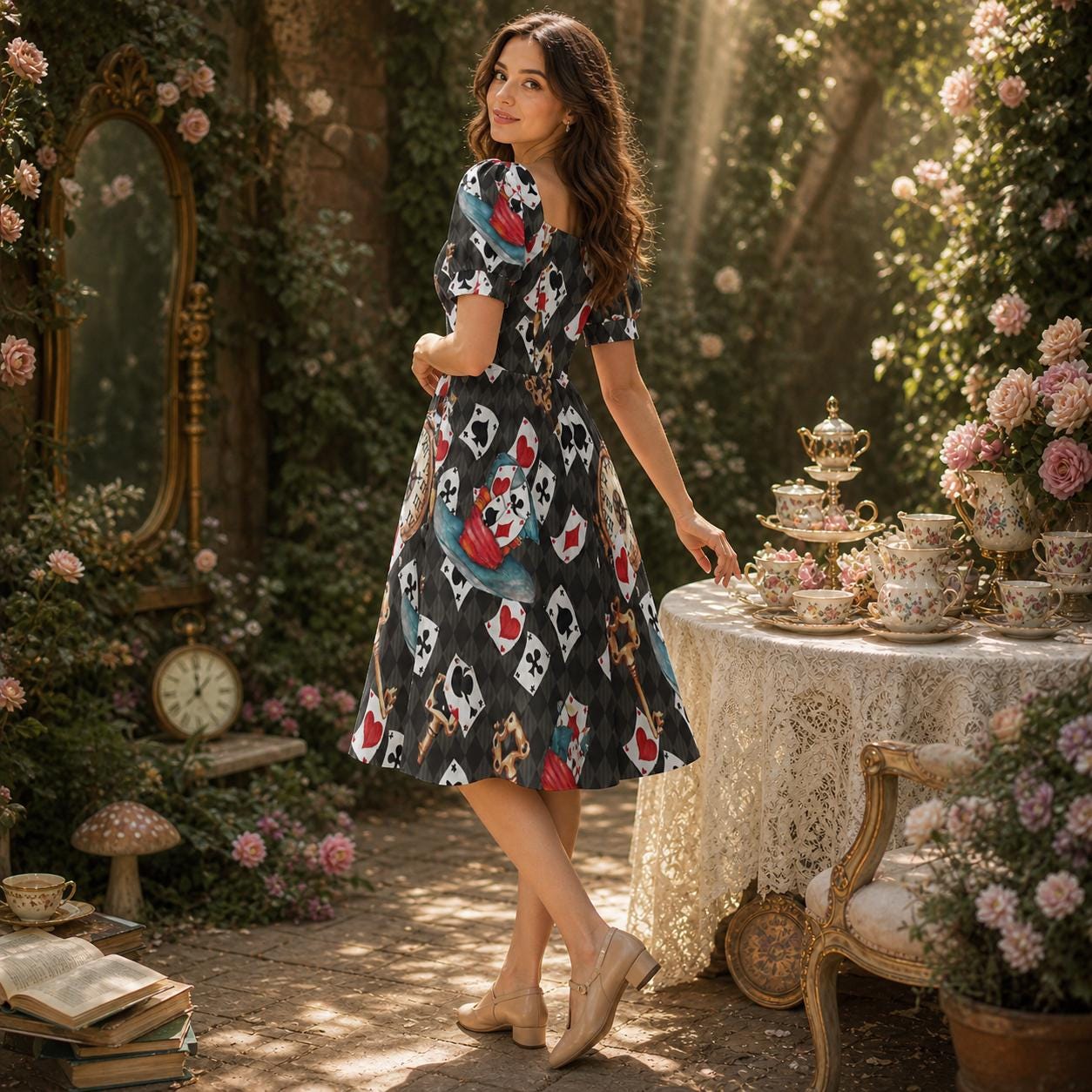 Alice in Wonderland Mini Dress, Playing Card Print Puff Sleeve Fantasy Costume, Queen of Hearts Style