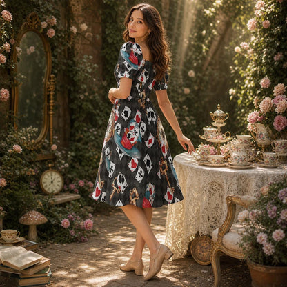 Alice in Wonderland Mini Dress, Playing Card Print Puff Sleeve Fantasy Costume, Queen of Hearts Style