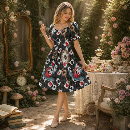 Alice in Wonderland Mini Dress, Playing Card Print Puff Sleeve Fantasy Costume, Queen of Hearts Style