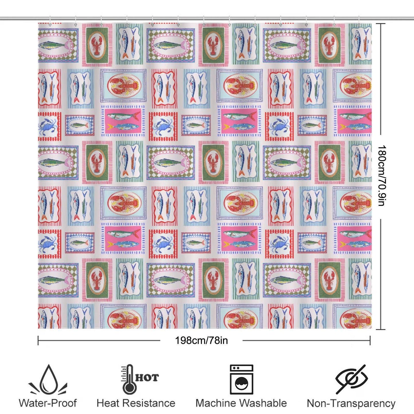 Coastal Bath Mat Set, Fish Lobster Crab Print, Nautical Bathroom Rug, Beach House Decor