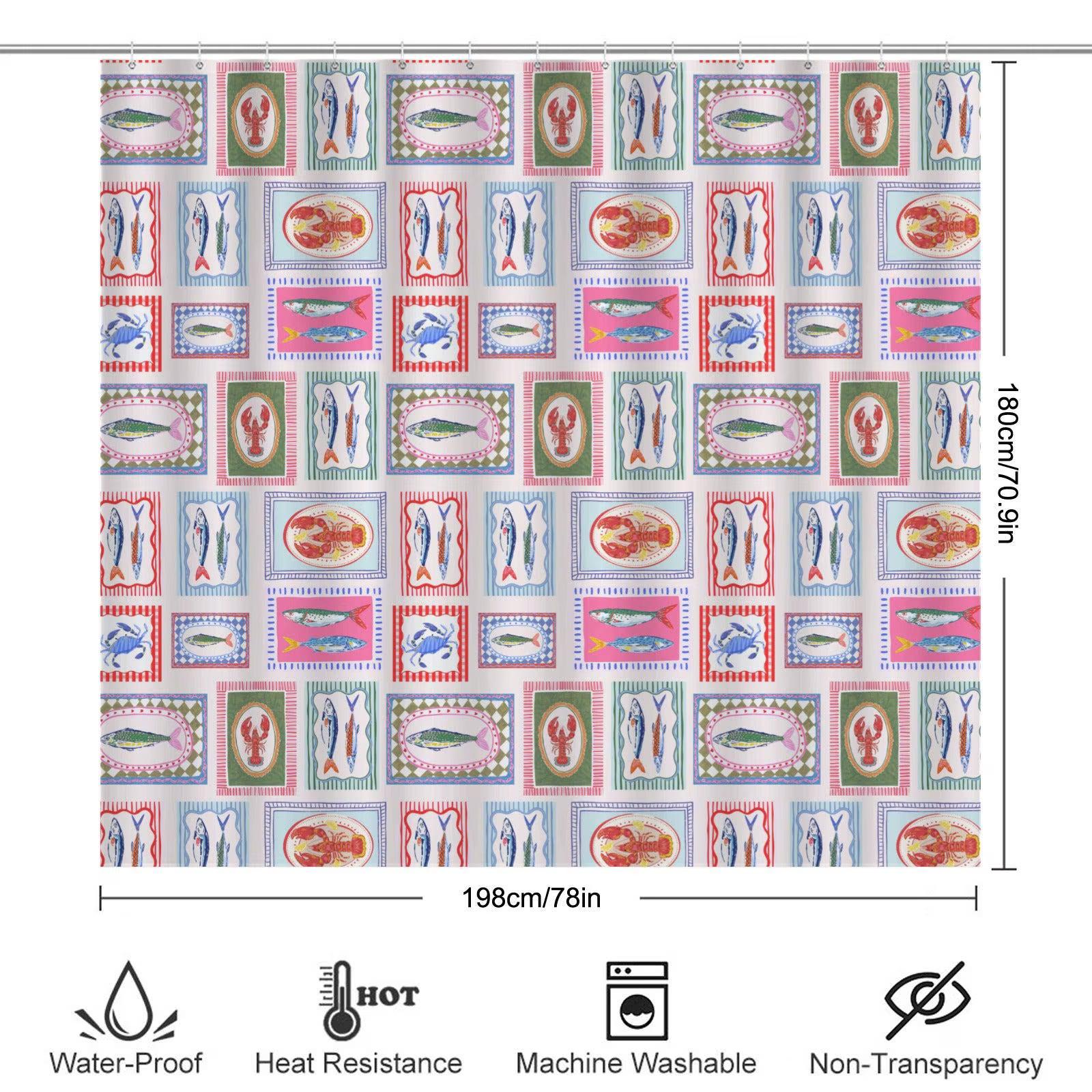 Coastal Bath Mat Set, Fish Lobster Crab Print, Nautical Bathroom Rug, Beach House Decor