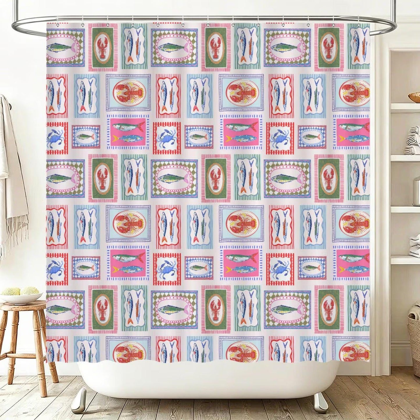Coastal Bath Mat Set, Fish Lobster Crab Print, Nautical Bathroom Rug, Beach House Decor
