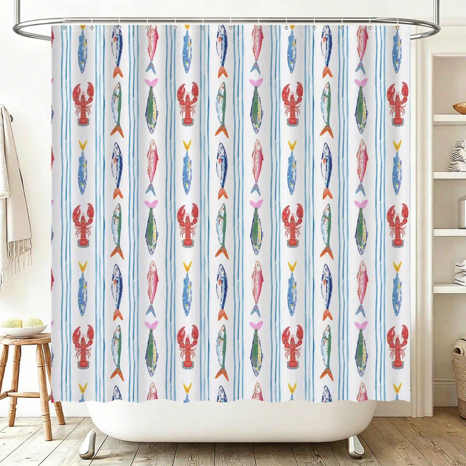 Striped Lobster Fish Bathroom Mat Set, Coastal Seafood Bath Decor Rugs
