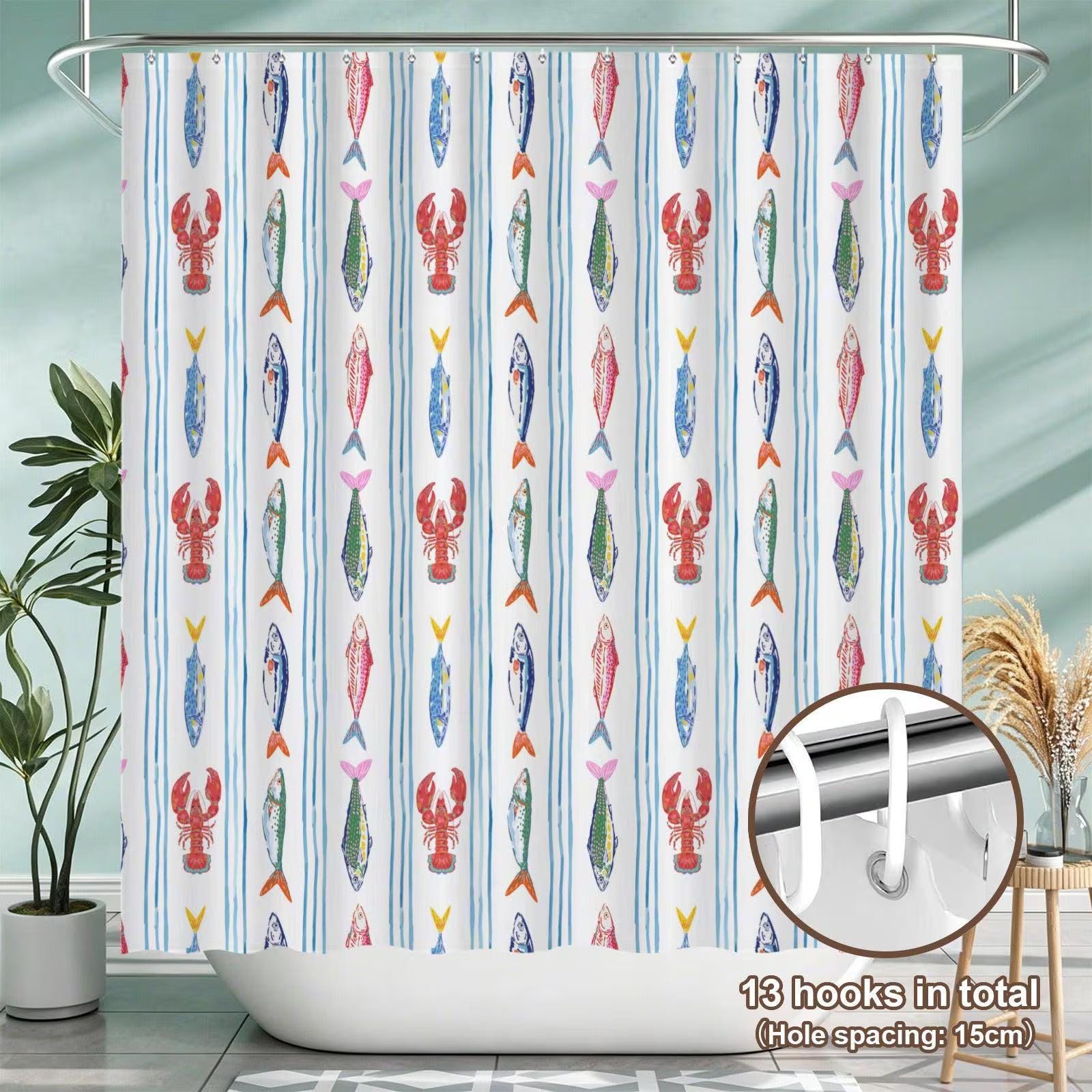 Striped Lobster Fish Bathroom Mat Set, Coastal Seafood Bath Decor Rugs