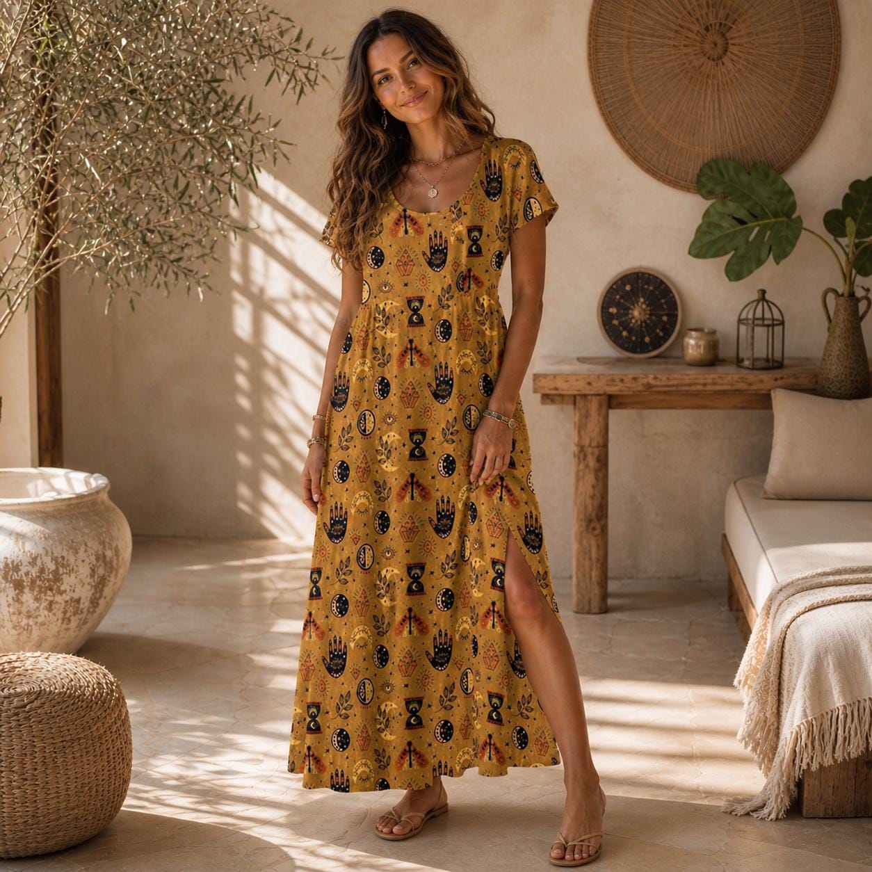 Mustard Tarot Print Maxi Dress, Mystic Boho Moon Phase Festival Outfit