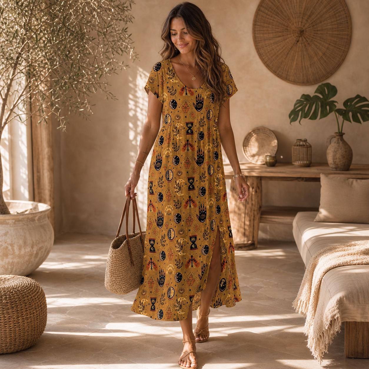 Mustard Tarot Print Maxi Dress, Mystic Boho Moon Phase Festival Outfit