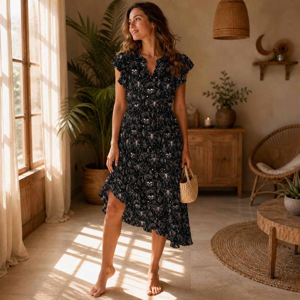Moth Skull Midi Dress, Dark Fairy Flutter Sleeve, Soft Goth Nature Outfit