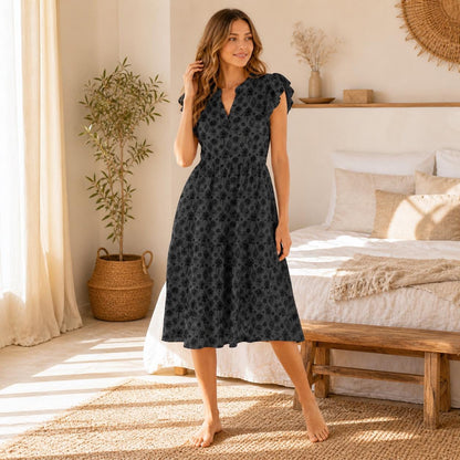 Witchy Floral Midi Dress, Black Flutter Sleeve, Dark Cottage Garden V Neck