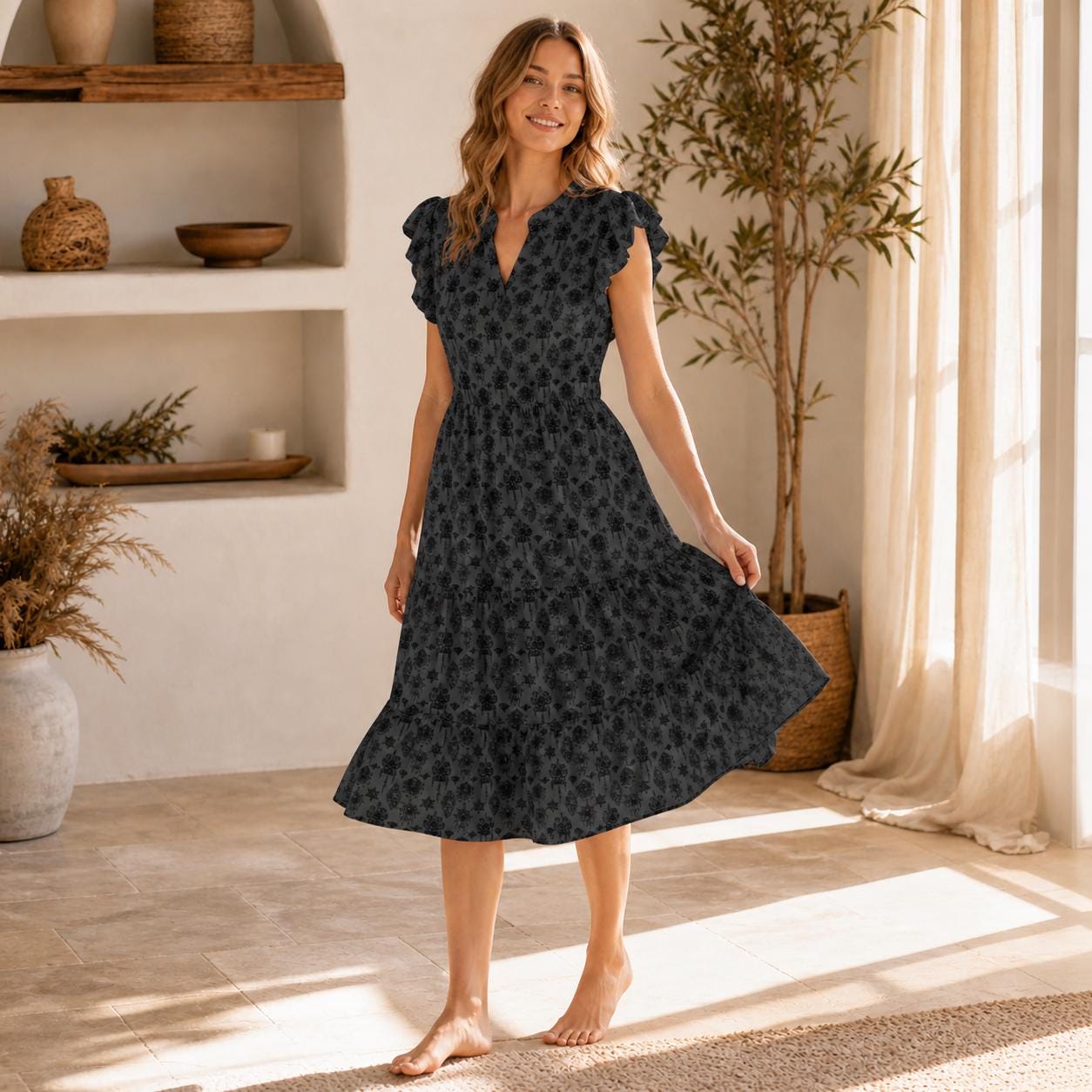 Witchy Floral Midi Dress, Black Flutter Sleeve, Dark Cottage Garden V Neck